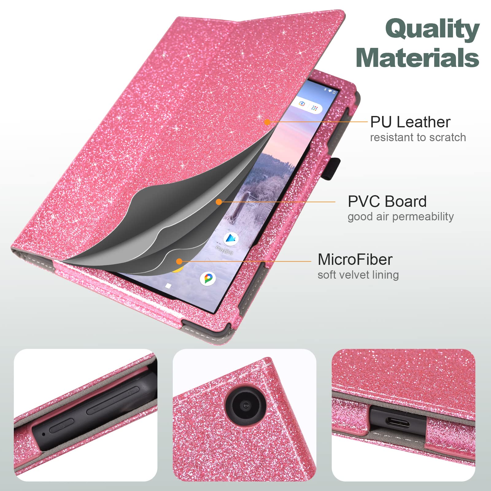 JKhandy Case for Onn. 10.1'' Tablet Gen 3 (2022 Model:100071485) - Folio PU Leather Stand Cover with Pencil Holder, Glitter Pink-1