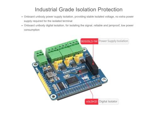 2-Channel RS485 and 1-Channel CAN Expansion Board Isolated RS485 CAN HAT (B) for Raspberry Pi 4B/3B+/3B/2B/B+/A+/Zero W/Zero WH,Multiple Protection Circuits,SPI Communication