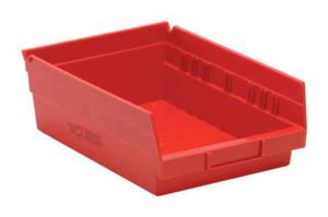 mdmprint shelf storage bin, red, polypropylene, 11 5/8 in l x 8 3/8 in w x 4 in h, 50 lb load capacity