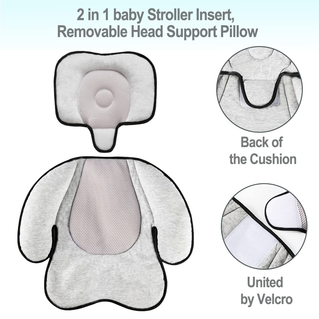 KAKIBLIN 3 in 1 Baby Stroller Seat Cushion, Toddler Car Seat Pad Baby Head Pillow Neck Support Cushion for Newborn and Toddler, Grey