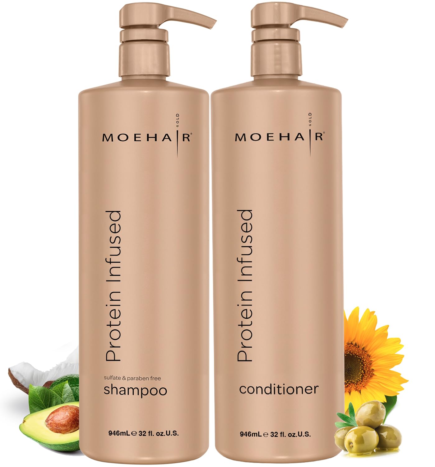 MOEHAIR Protein Infused Shampoo and Conditioner Set for Dry & Damaged Hair | Strengthens Hair Fiber | Sulfate & Paraben Free | Adds Shine, Softens & Hydrates Hair (32 Fl Oz)