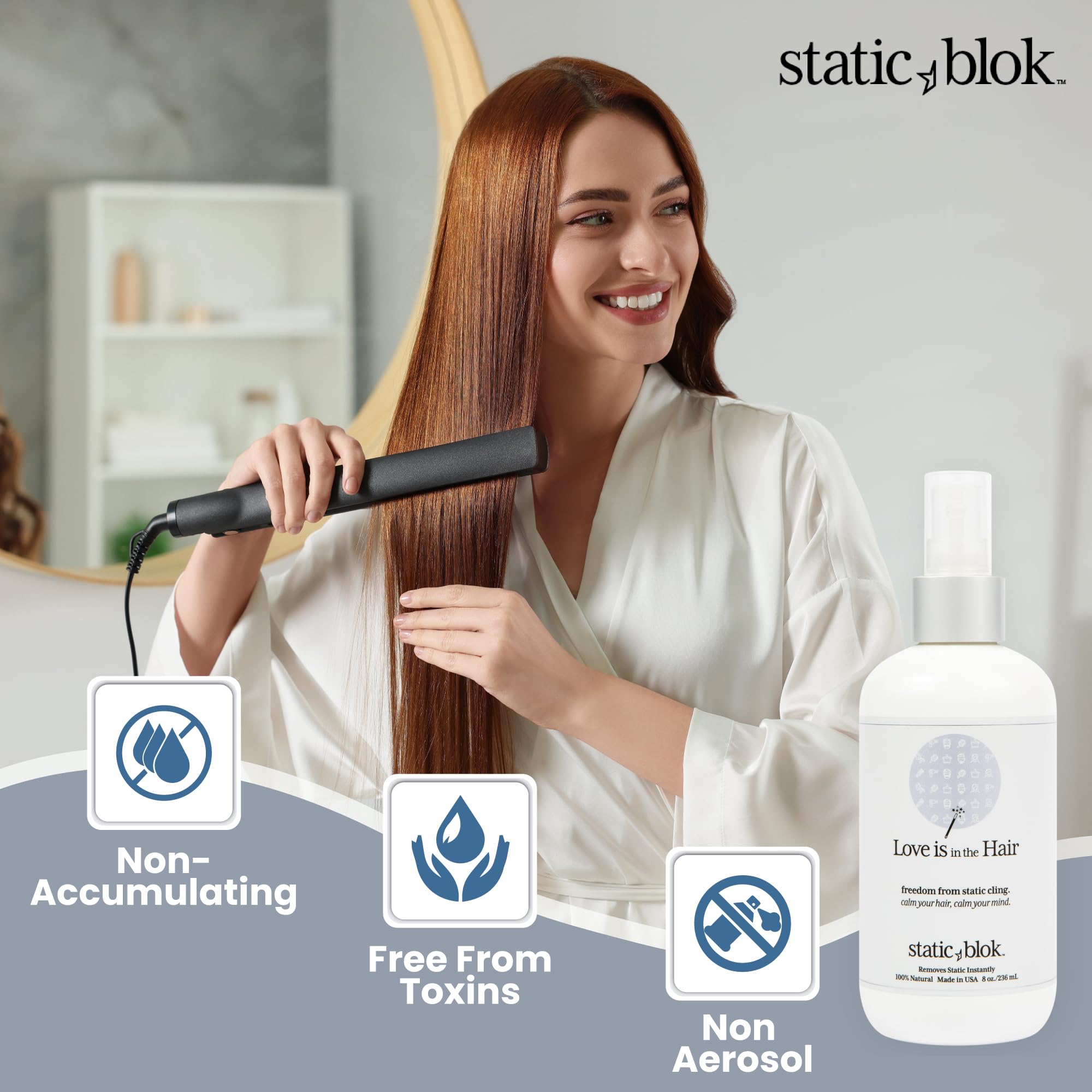 Static Blok Anti-Static Spray for Hair - Instantly Eliminate Static Cling, Shocks, Flyaways- Long-Lasting All-Day Freshness - works on Natural and Synthetic Wigs - 8oz