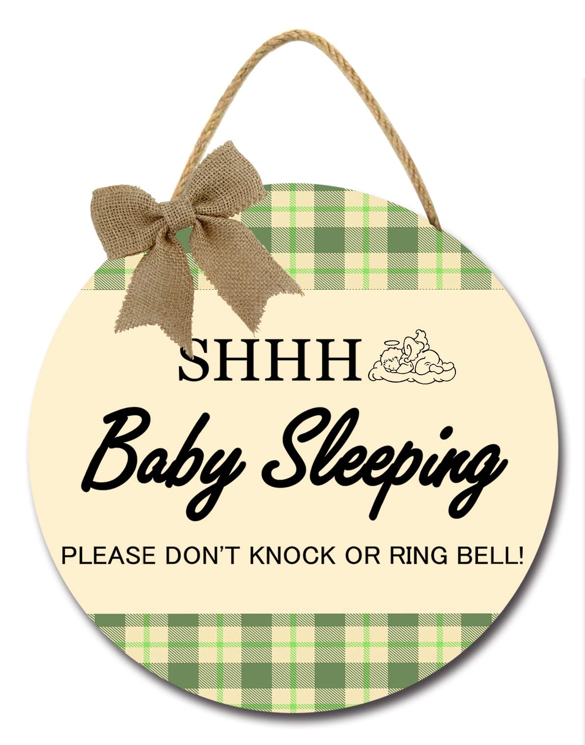 Sokomurg Shhh... Baby Sleeping Sign for Front Door,Please Don't Knock or Ring Bell Hanging Sign Plaque, Round Rustic Wooden Door Hanger for Baby Room, Nursery, Kindergarten, Bedroom, Door Knob Door Decor