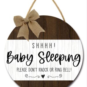 Sokomurg Shhh... Baby Sleeping Sign for Front Door Please Don't Knock or Ring Bell Hanging Sign Plaque, Round Rustic Wooden Door Hanger for Baby Room, Nursery, Kindergarten, Bedroom, Door Knob Door Decor