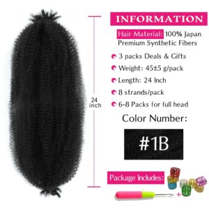 Afro Twist Hair 24 Inch 3 Packs, Springy Afro Twist Hair Pre Fluffed Spring Twist Hair Pre Stretched Wrapping Hair for Soft Locs Hair Extensions (24 Inch (Pack of 3), 1B#)