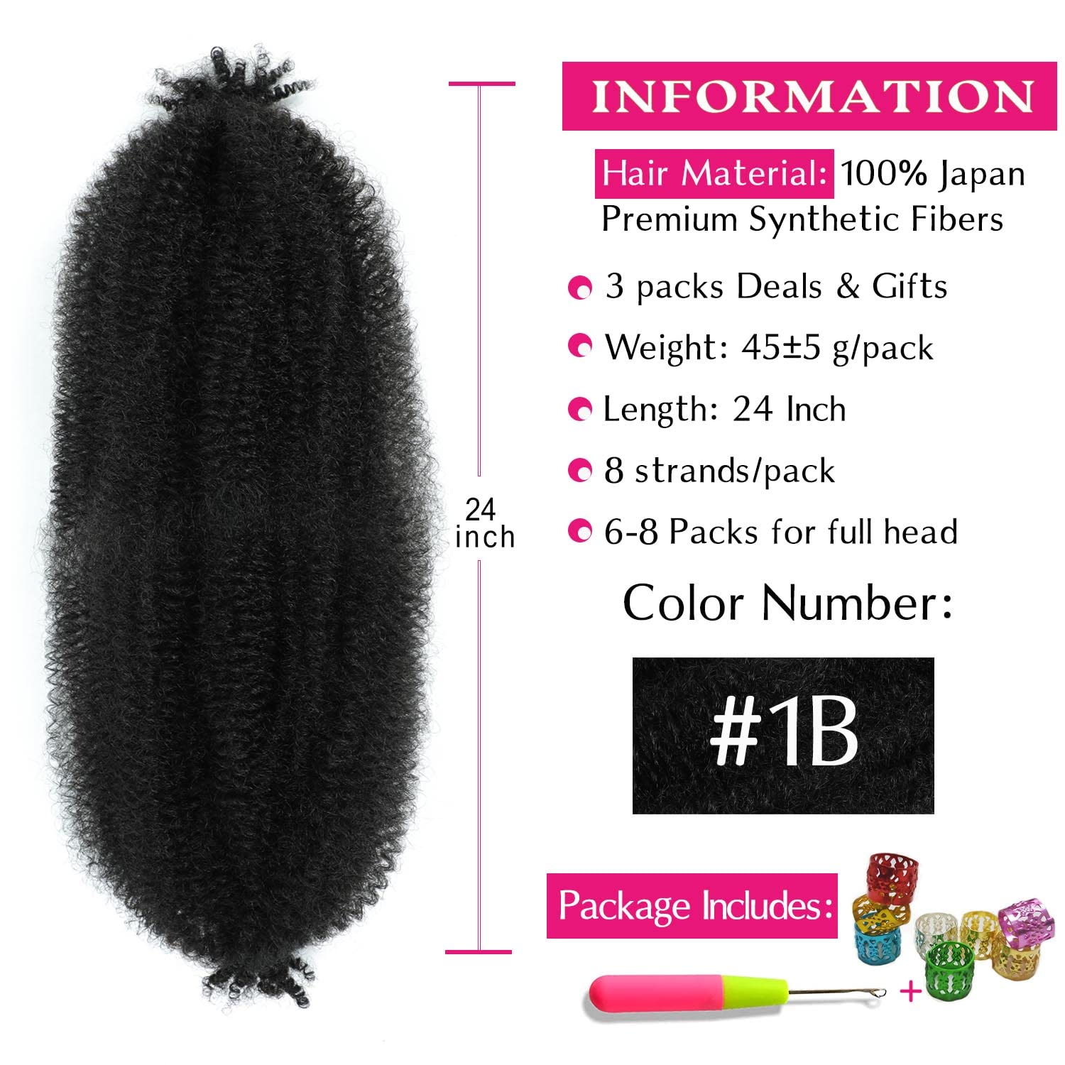 Afro Twist Hair 24 Inch 3 Packs, Springy Afro Twist Hair Pre Fluffed Spring Twist Hair Pre Stretched Wrapping Hair for Soft Locs Hair Extensions (24 Inch (Pack of 3), 1B#)