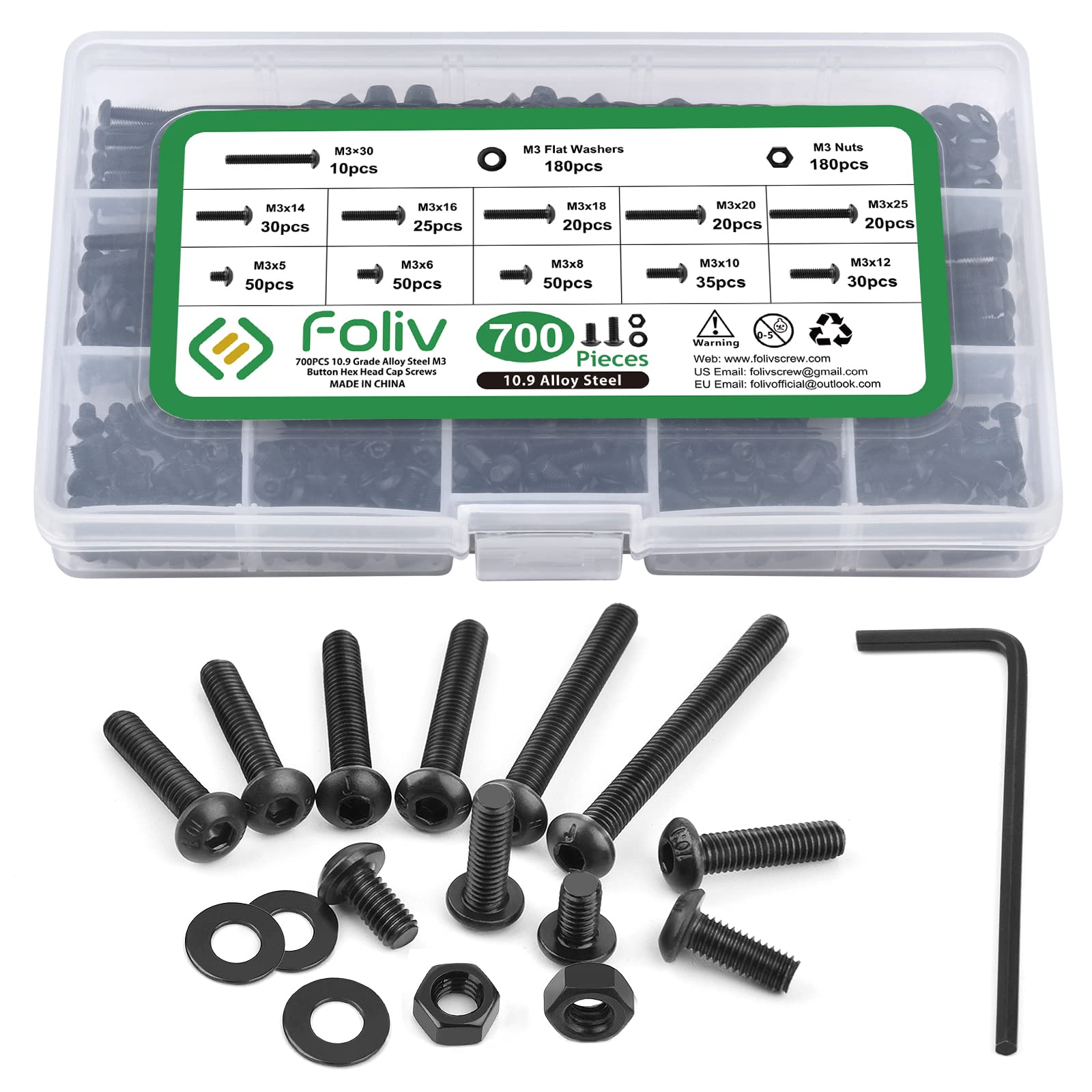 FOLIV 700PCS M3 x 5/6/8/10/12/14/16/18/20/25/30mm Button Hex Head Cap Screws M3 Metric Machine Screws Bolts Nuts Washer Assortment Kit, 10.9 Grade Alloy Steel