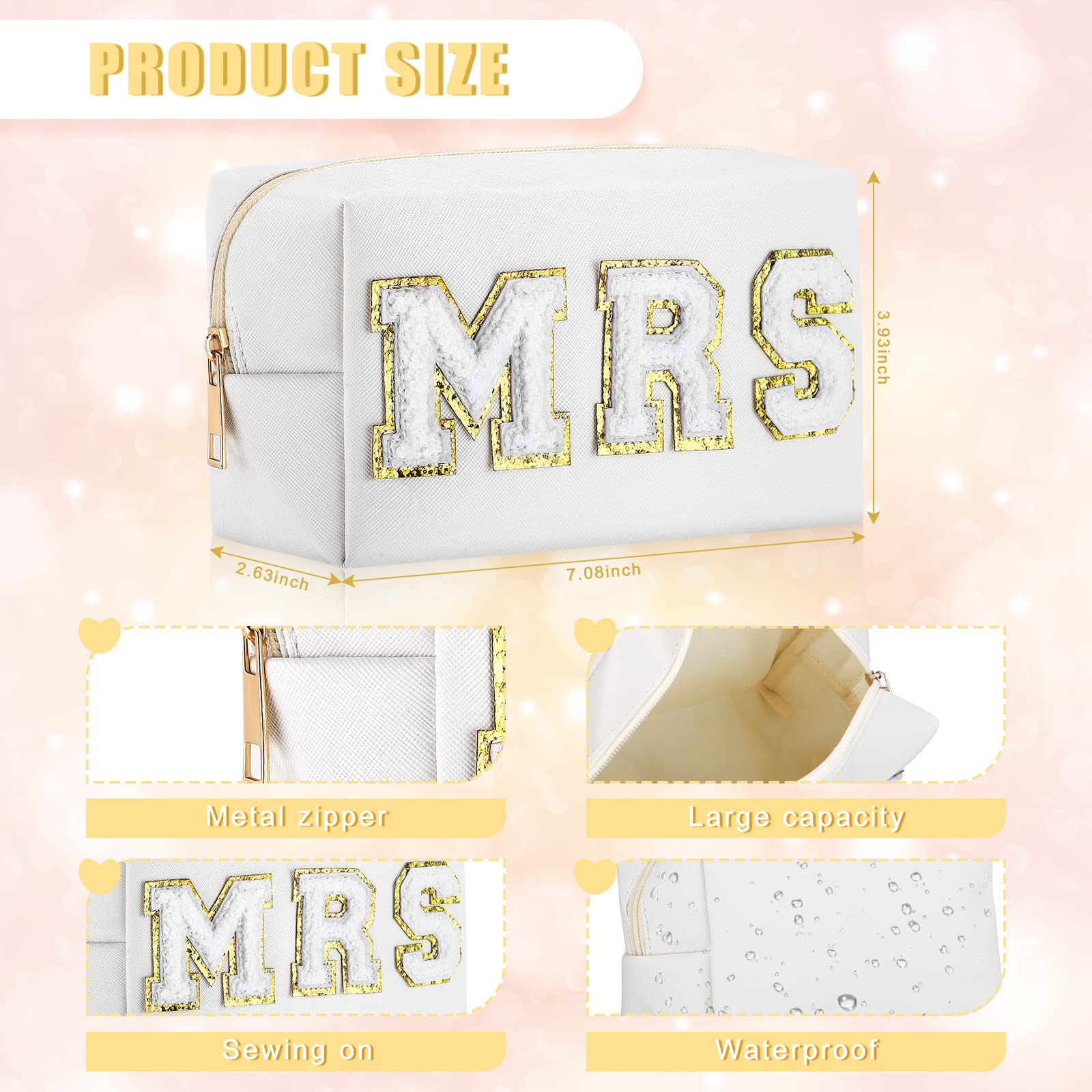 Xuniea MRS Letter Cosmetic Bag Bride Makeup Bag White Cosmetic Toiletry Bag Large Engagement Gift Bag with Zipper Engagement Gifts for Bride Wedding Bridal Shower