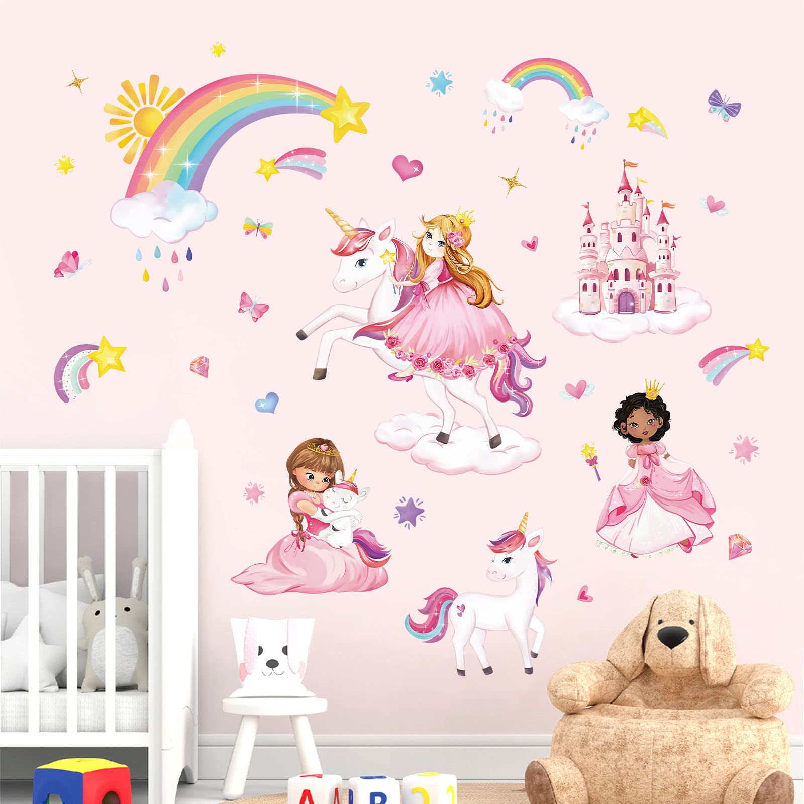 wondever Princess Unicorn Wall Stickers Castle Rainbow Peel and Stick Wall Art Decals for Girls Bedroom Kids Room Baby Nursery