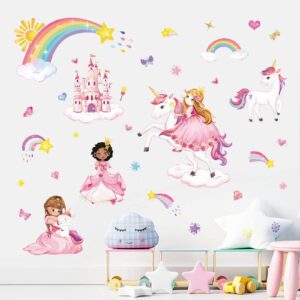 wondever Princess Unicorn Wall Stickers Castle Rainbow Peel and Stick Wall Art Decals for Girls Bedroom Kids Room Baby Nursery