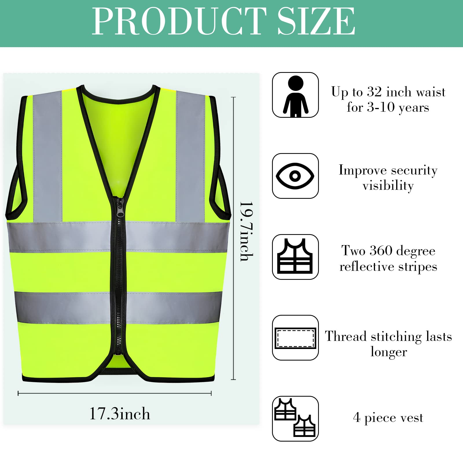 Unittype 4 Pieces Kids Safety Vest Construction Reflective Traffic Vest for Running Kindergarten Preschool Children(Fluorescent Green)