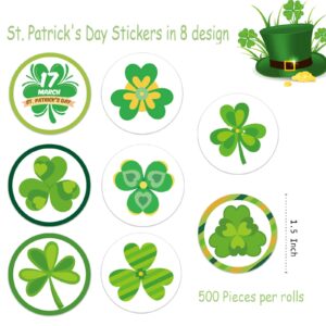 500Pcs St. Patrick's Day Sticker Lucky Shamrock Clover Hat Irish Decor Self Adhesive Irish Labels for Cards, Envelopes, Gifts Leprechaun Party Decoration Supplies