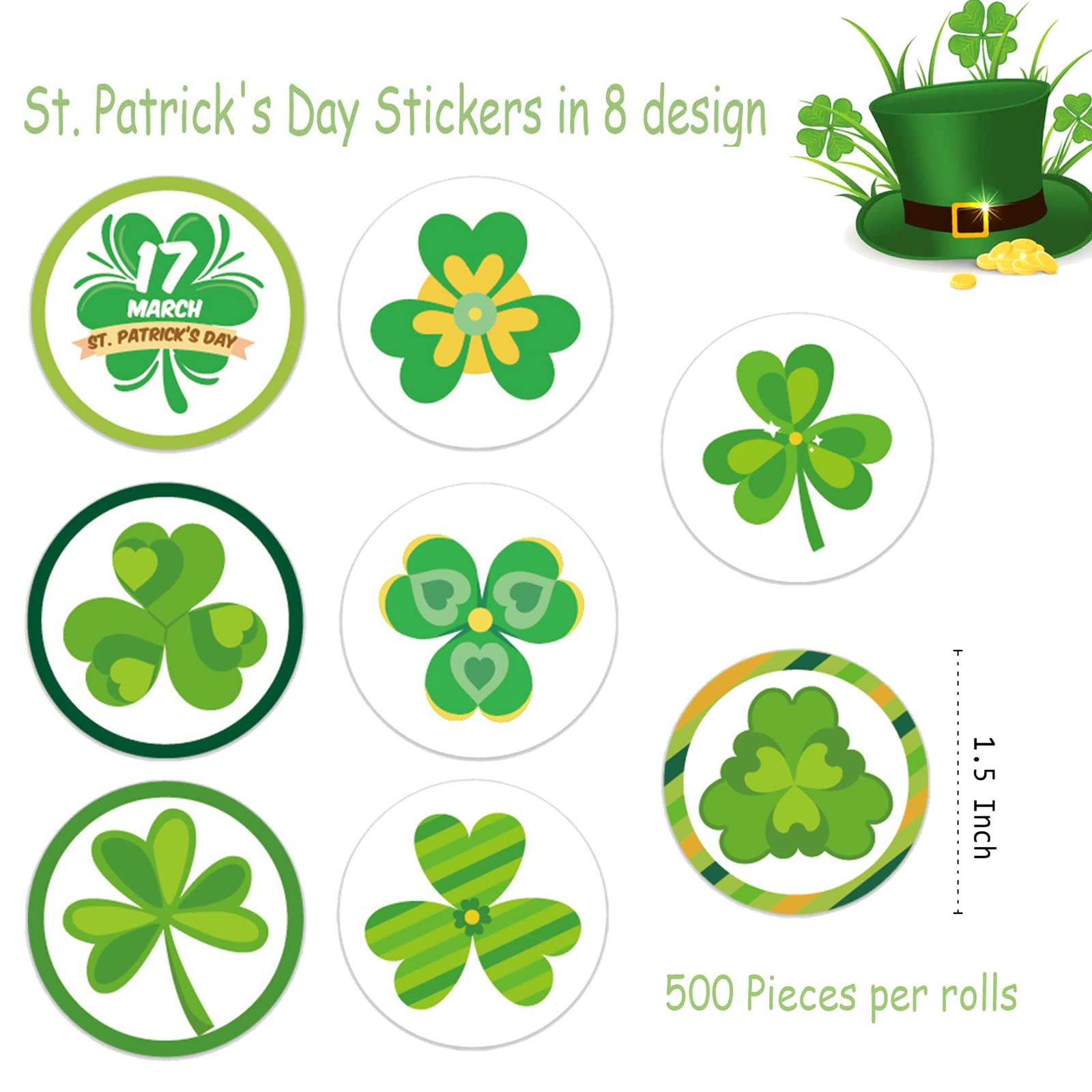 500Pcs St. Patrick's Day Sticker Lucky Shamrock Clover Hat Irish Decor Self Adhesive Irish Labels for Cards, Envelopes, Gifts Leprechaun Party Decoration Supplies