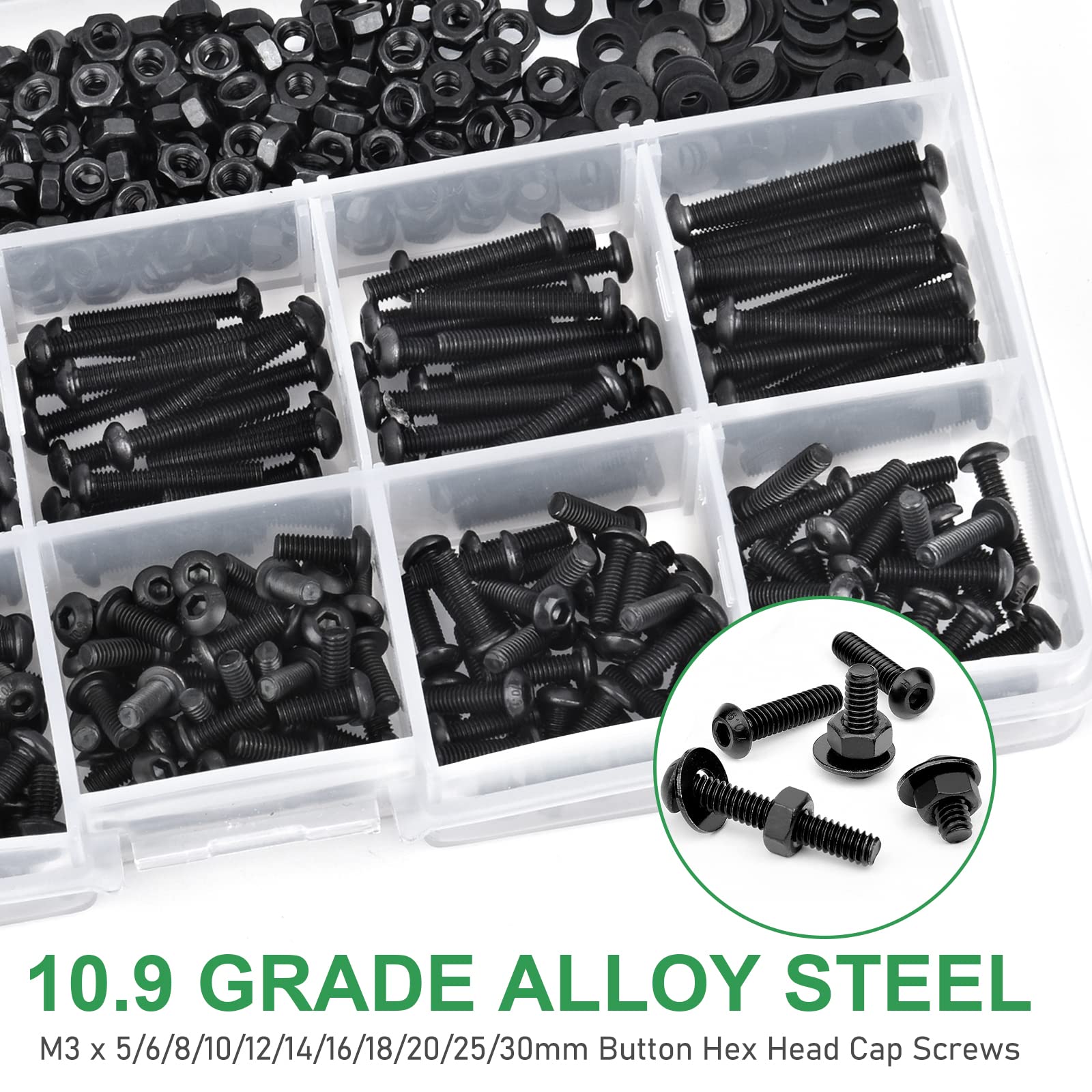 FOLIV 700PCS M3 x 5/6/8/10/12/14/16/18/20/25/30mm Button Hex Head Cap Screws M3 Metric Machine Screws Bolts Nuts Washer Assortment Kit, 10.9 Grade Alloy Steel