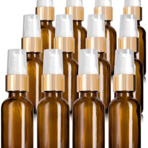 JUVITUS 1 oz / 30 ml Amber Glass Boston Round Bottle with Gold Treatment Pump (12 Pack)