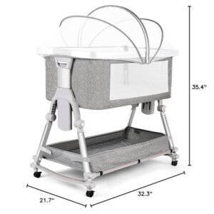 SPS Baby Bassinet Bedside Sleeper with Storage Basket and Wheels,Easy Folding Bedside Crib,Adjustable Height Portable Baby Bed for Newborn Infant