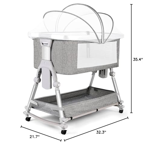 SPS Baby Bassinet Bedside Sleeper with Storage Basket and Wheels,Easy Folding Bedside Crib,Adjustable Height Portable Baby Bed for Newborn Infant