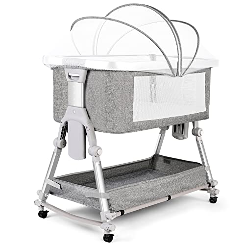 SPS Baby Bassinet Bedside Sleeper with Storage Basket and Wheels,Easy Folding Bedside Crib,Adjustable Height Portable Baby Bed for Newborn Infant