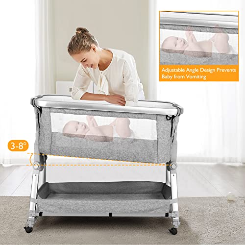 SPS Baby Bassinet Bedside Sleeper with Storage Basket and Wheels,Easy Folding Bedside Crib,Adjustable Height Portable Baby Bed for Newborn Infant