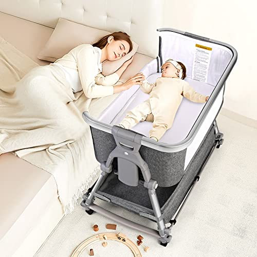 SPS Baby Bassinet Bedside Sleeper with Storage Basket and Wheels,Easy Folding Bedside Crib,Adjustable Height Portable Baby Bed for Newborn Infant