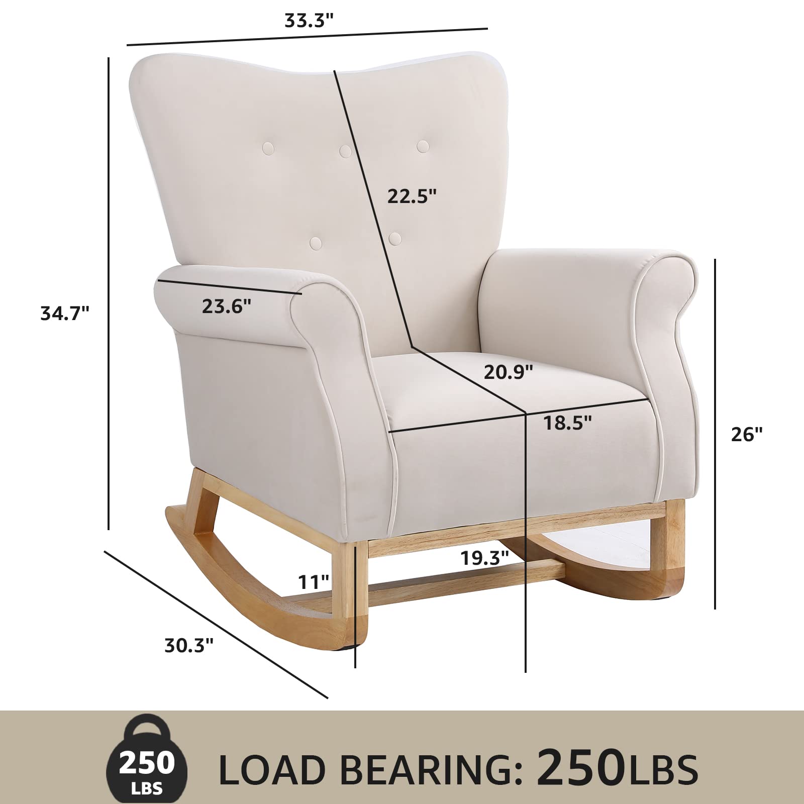 Nursery Rocking Chair, Mid Century Uplostered Glider Rocker Armchair with High Backrest, Rocking Accent Chair Single Sofa Accent Glider Rocker for Living Room Bedroom Offices (Round, Beige)