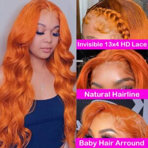 26 Inch 13X4 Orange Ginger Lace Front Wigs Pre Plucked Body Wave Wig Brazilian Colored Virgin Wigs for Black Women Invisible HD Lace Frontal Wigs Human Hair 180% Density