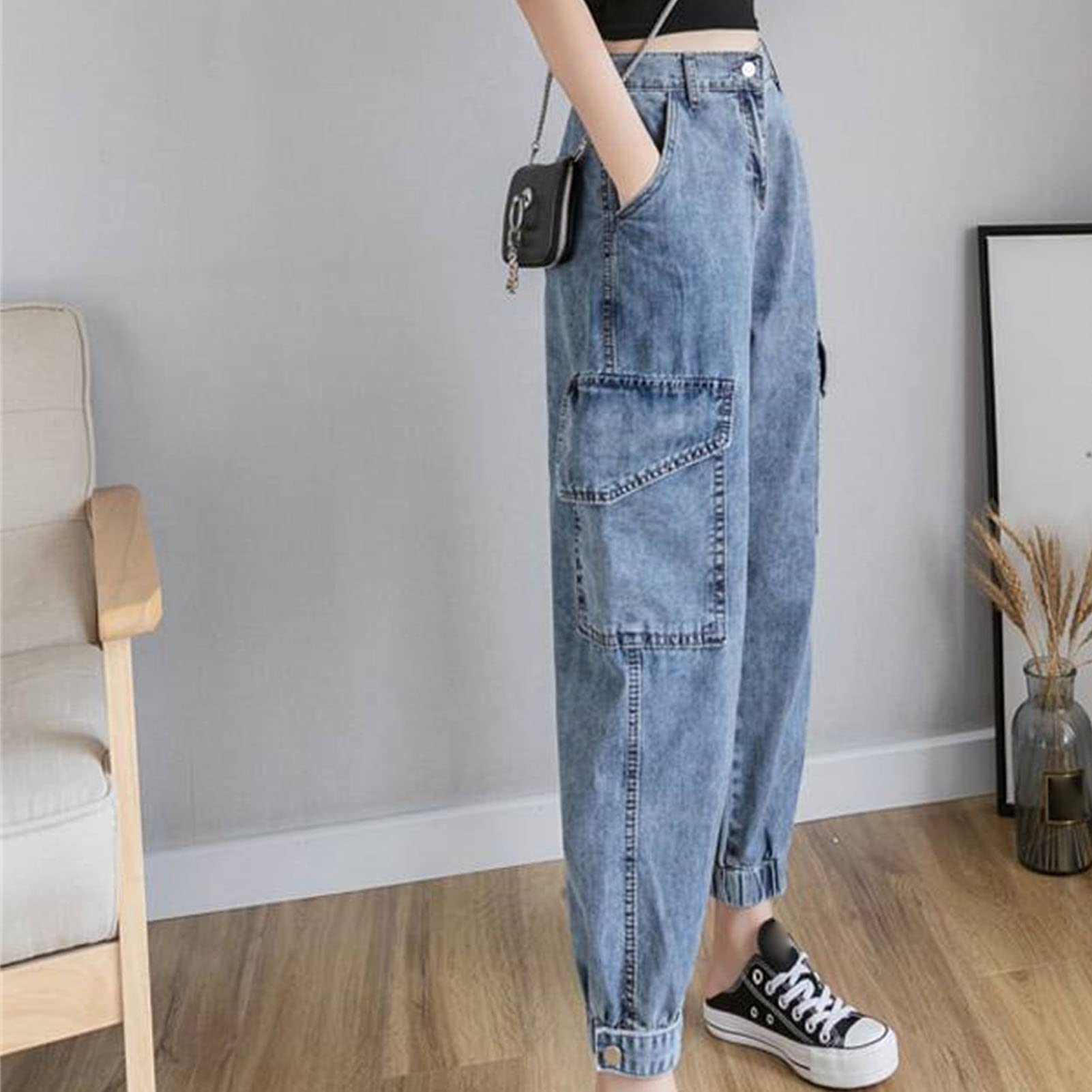 Women's High Waist Cargo Jeans Vintage Multi Pocket Pencil Denim Pants Boyfriend Washed Hip Hop Joggers Jean (Blue,Small)