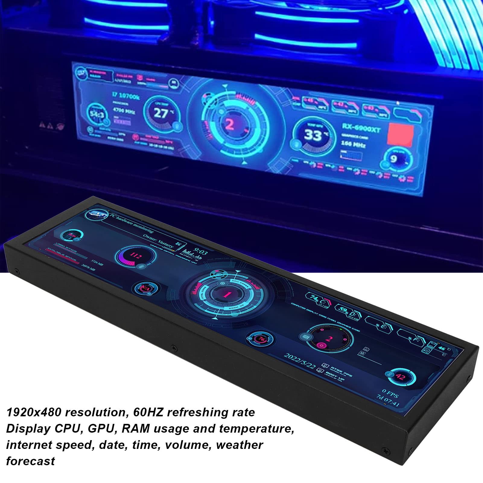 PC Sensor Panel Display Temperature Monitor, 8.8in USB Mini Screen, AIDA64 PC CPU GPU Data Monitor for Win RPi Linux, PC Temperature Display for PC ARGB Computer Case