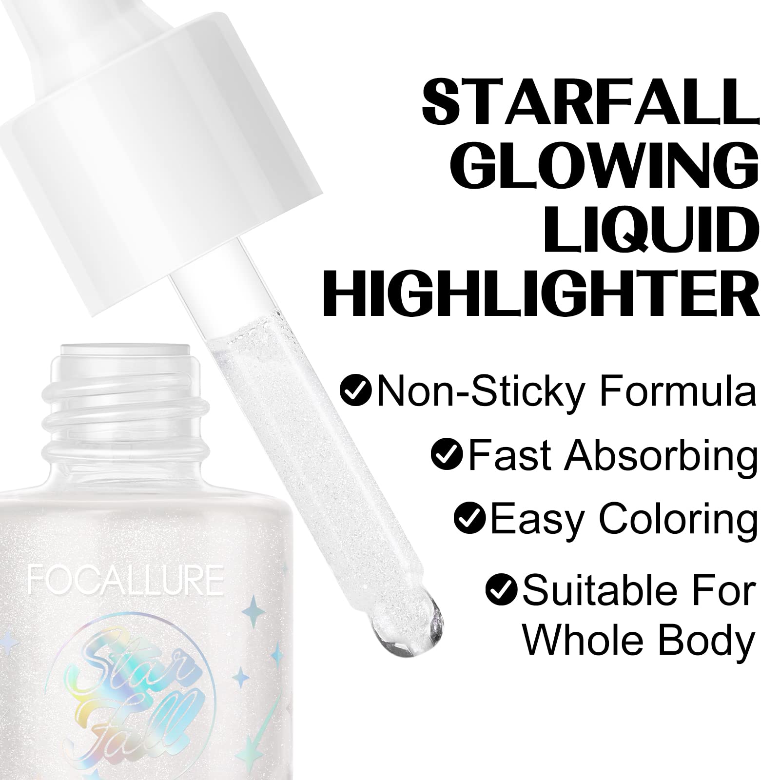 FOCALLURE Starfall Glowing Liquid Highlighter, Shimmering Body Oil, Non-Sticky Shimmer Liquid Luminizer, Non-Greasy, Face & Body Glitter Makeup for Costumes, Cosplay, Rave Festival, MOON CHILD