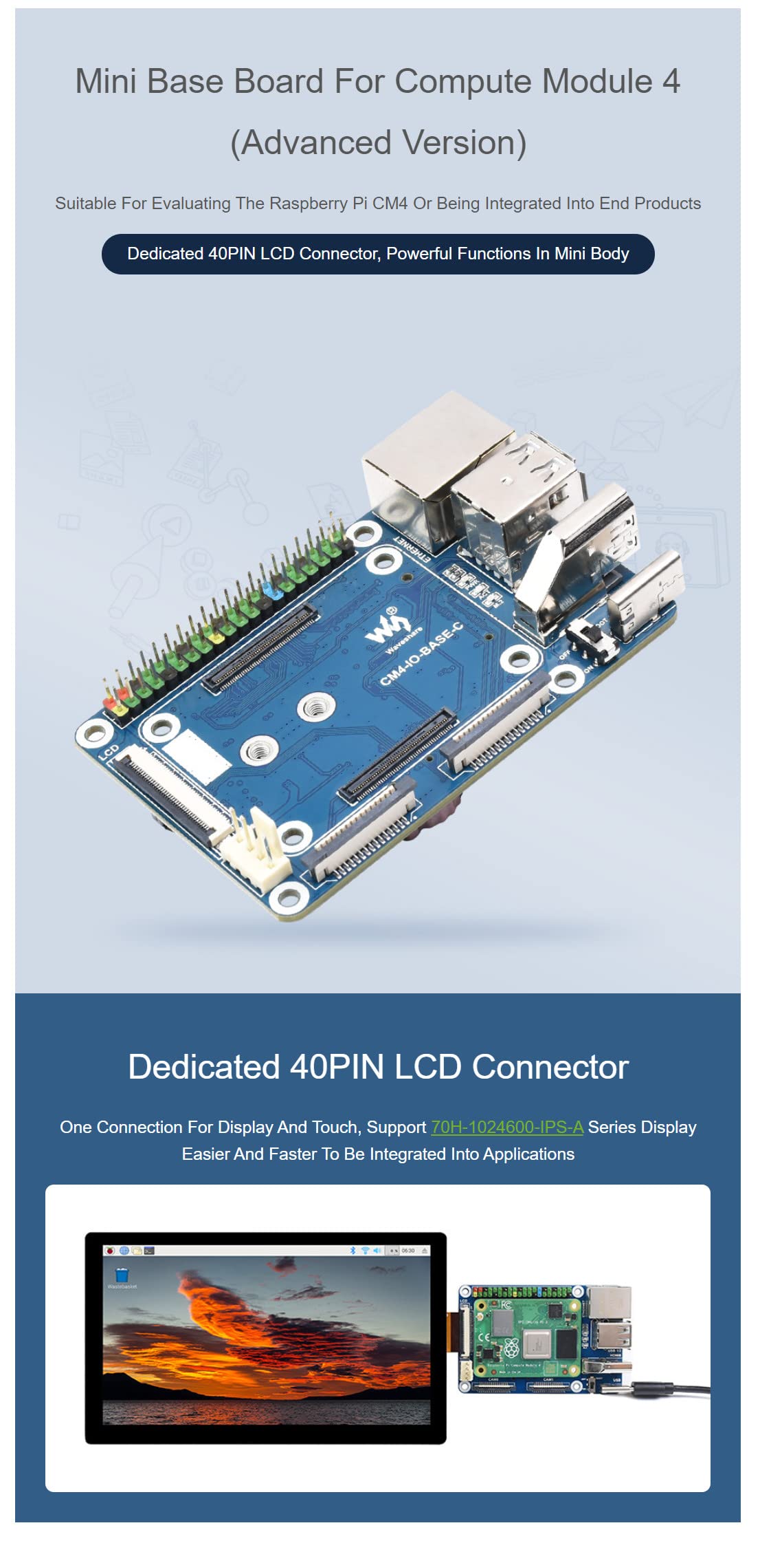 Mini Base Board (C) for Raspberry Pi Compute Module 4 (CM4), 40PIN LCD Connector, Gigabit Ethernet RJ45 Interface