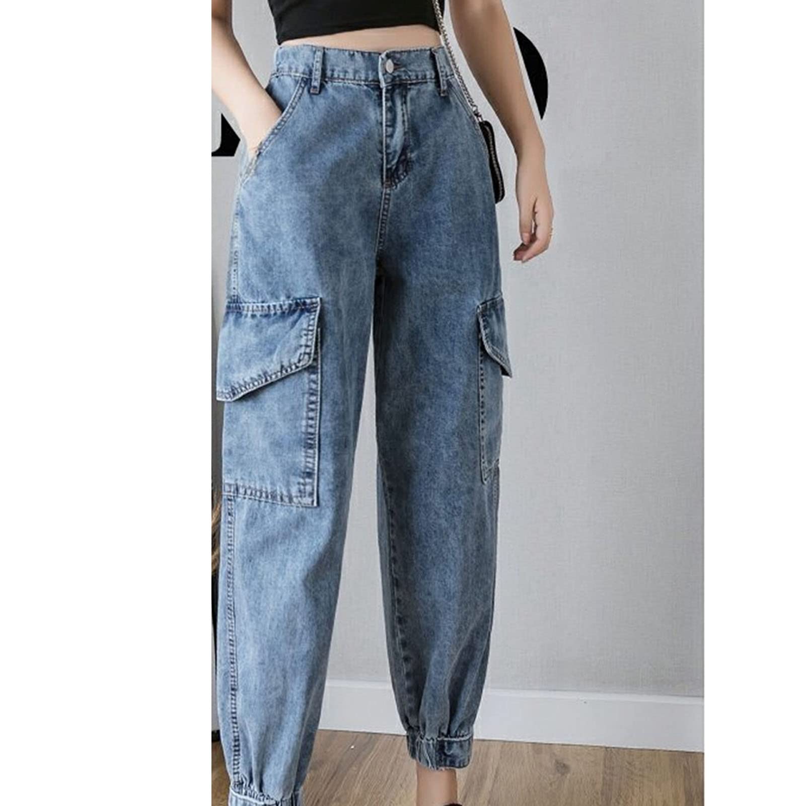 Women's High Waist Cargo Jeans Vintage Multi Pocket Pencil Denim Pants Boyfriend Washed Hip Hop Joggers Jean (Blue,Small)