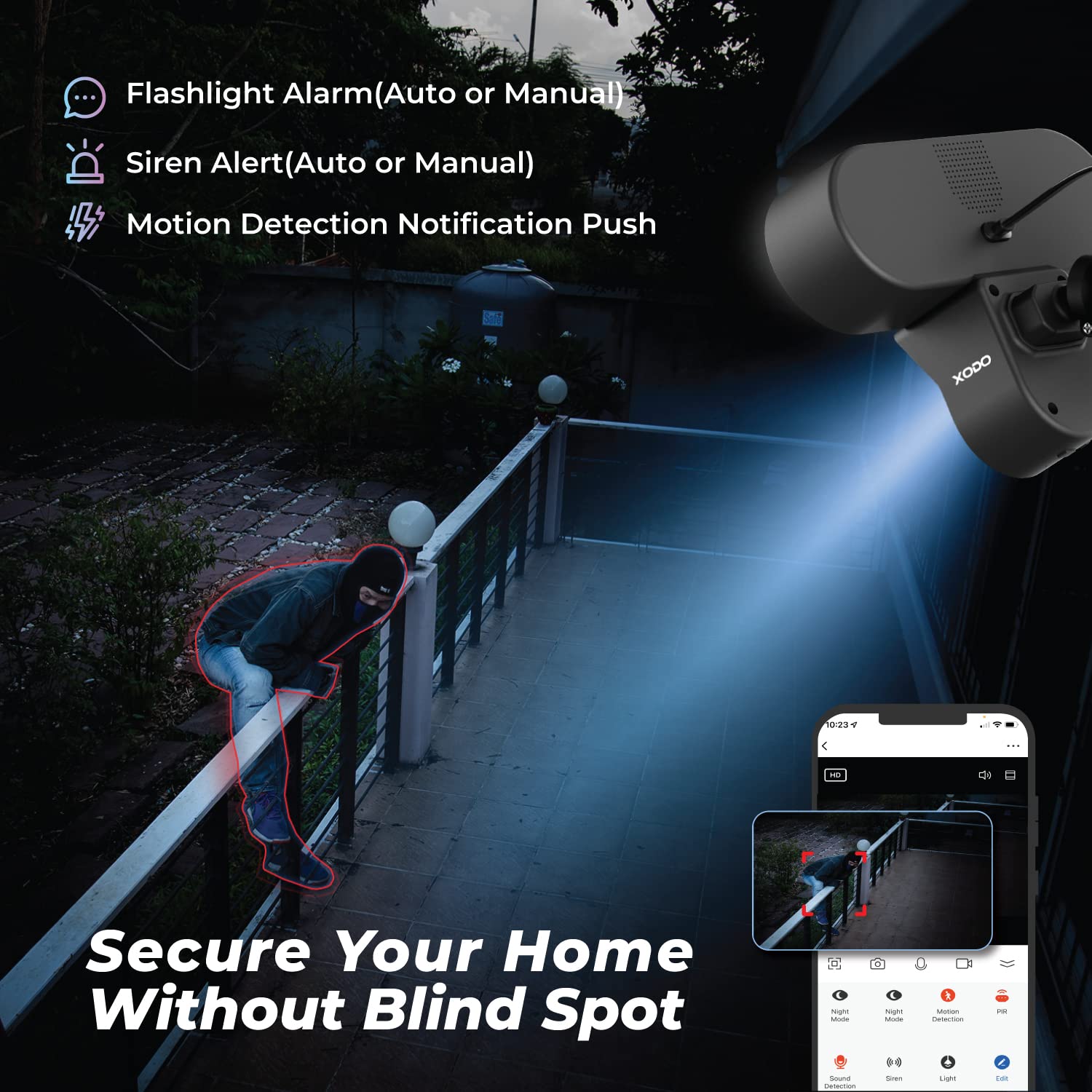 Smart Floodlight Security Camera - E9 Security Camera Outdoor - IP65 Waterproof - 2-Way Audio - Night Vision - PIR Motion Detection Video Recording Cloud/SD with Alexa and Google Assistant