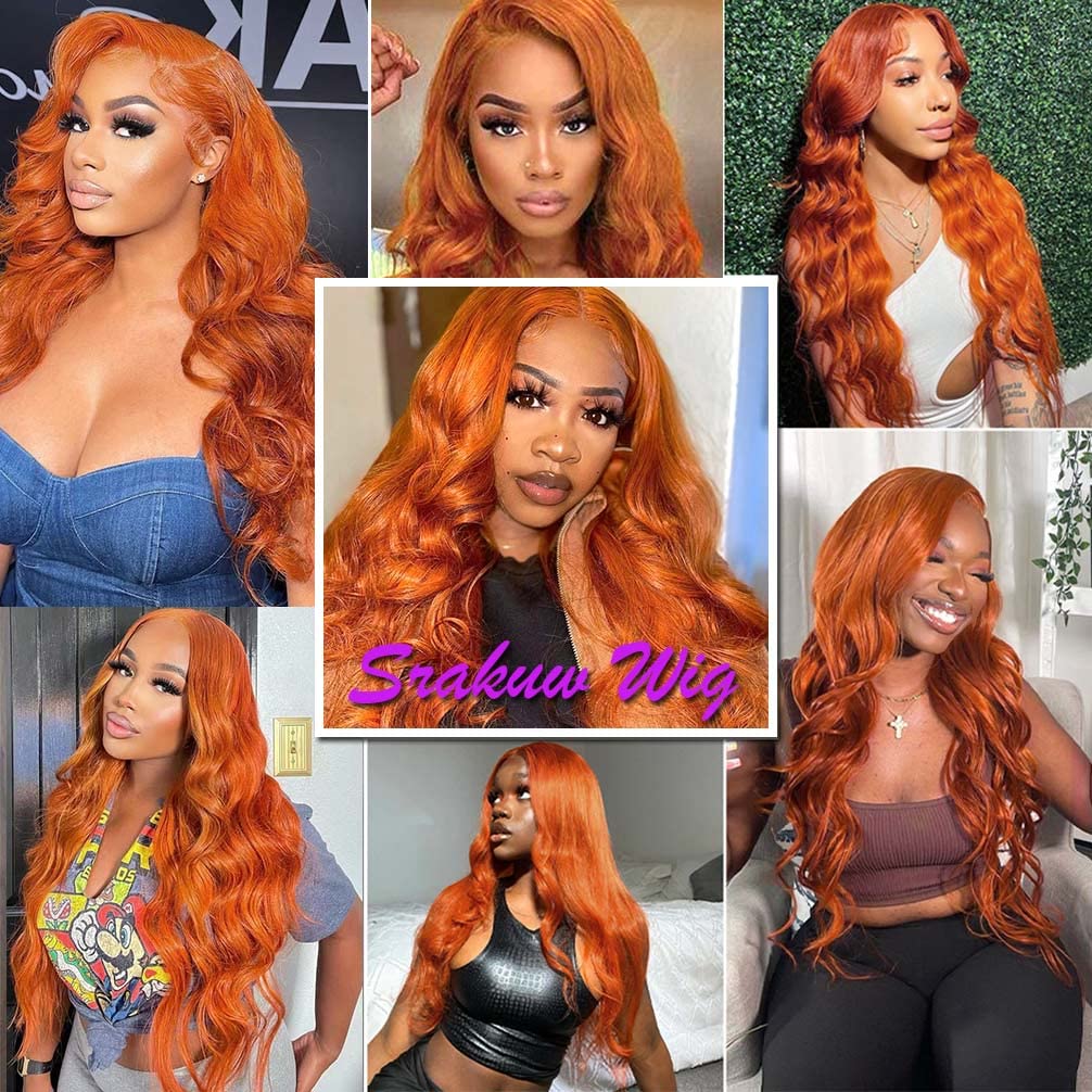 26 Inch 13X4 Orange Ginger Lace Front Wigs Pre Plucked Body Wave Wig Brazilian Colored Virgin Wigs for Black Women Invisible HD Lace Frontal Wigs Human Hair 180% Density