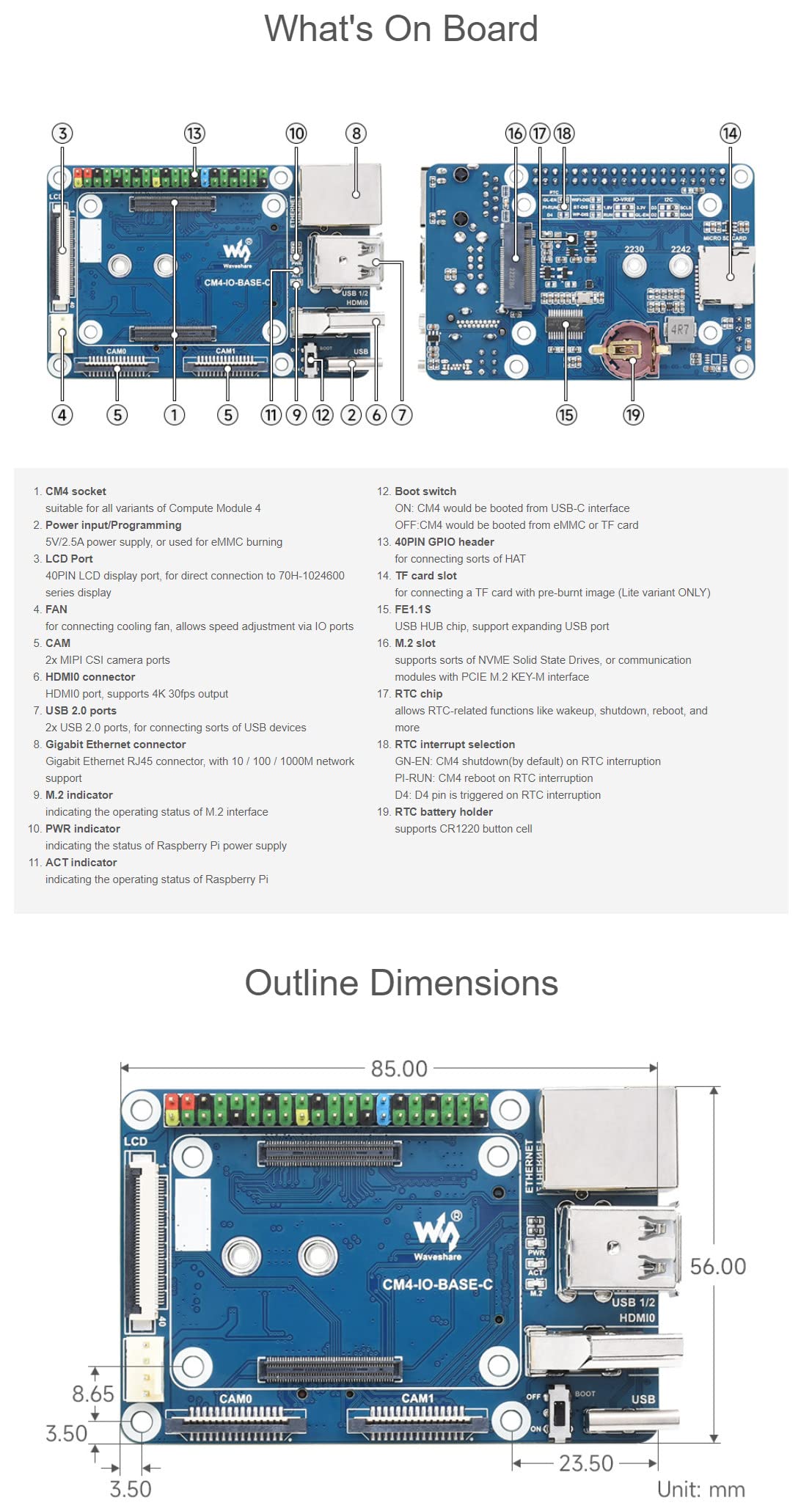 Mini Base Board (C) for Raspberry Pi Compute Module 4 (CM4), 40PIN LCD Connector, Gigabit Ethernet RJ45 Interface