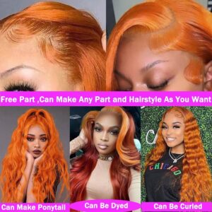 26 Inch 13X4 Orange Ginger Lace Front Wigs Pre Plucked Body Wave Wig Brazilian Colored Virgin Wigs for Black Women Invisible HD Lace Frontal Wigs Human Hair 180% Density