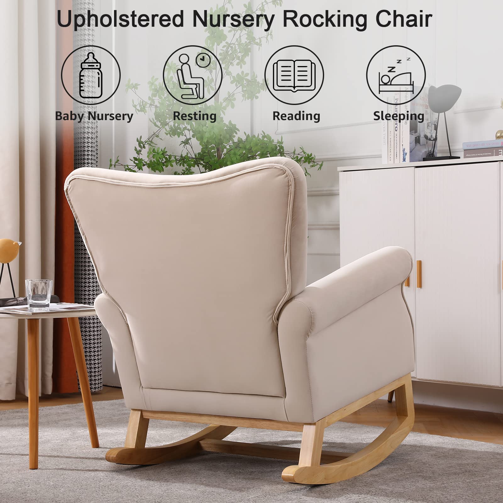 Nursery Rocking Chair, Mid Century Uplostered Glider Rocker Armchair with High Backrest, Rocking Accent Chair Single Sofa Accent Glider Rocker for Living Room Bedroom Offices (Round, Beige)