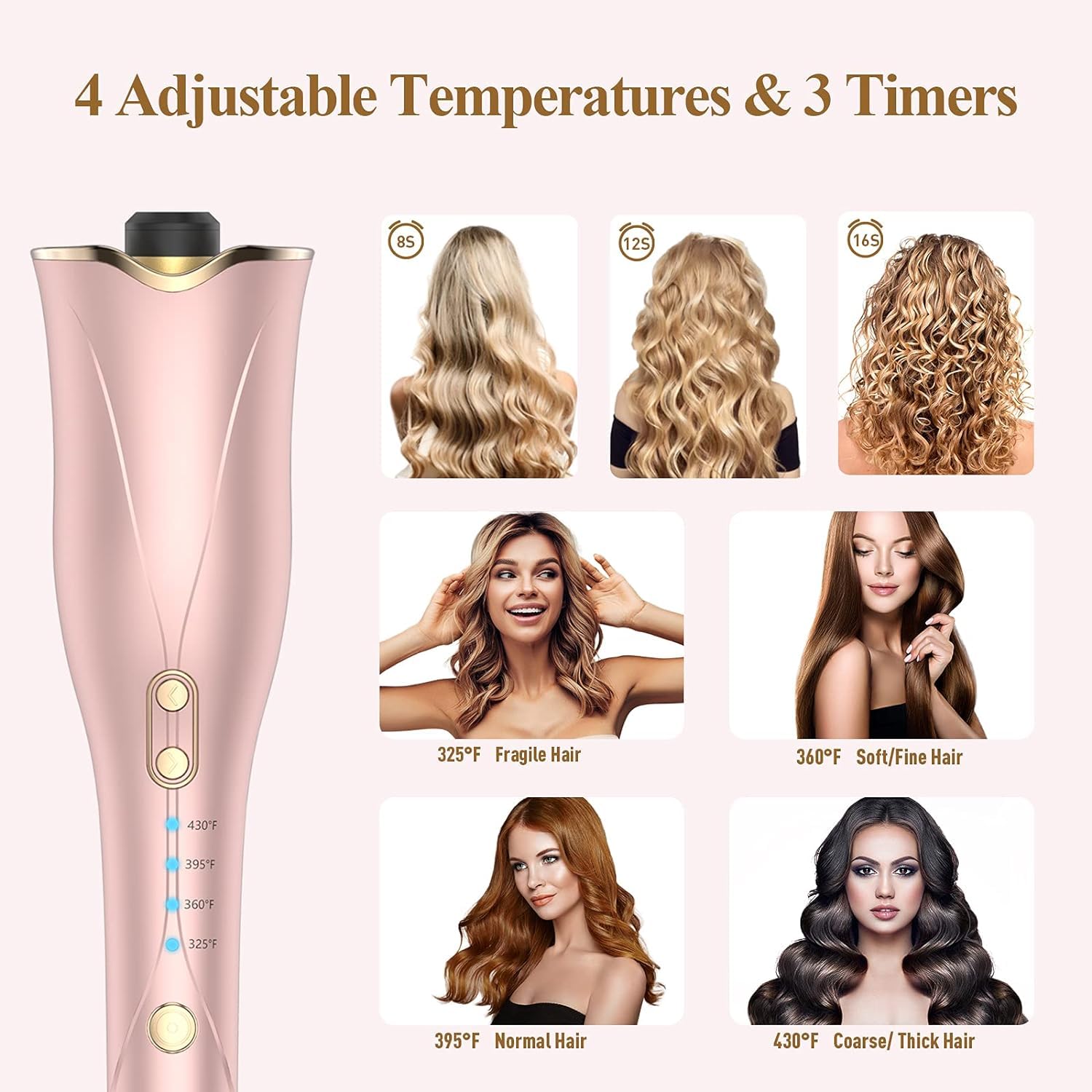 Auto Hair Curler, Automatic Curling Iron Wand with 4 Temperatures & 3 Timers & LCD Display, Curling Iron with 1" Large Rotating Barrel, Dual Voltage Auto Shut-Off Spin Iron for Hair Styling