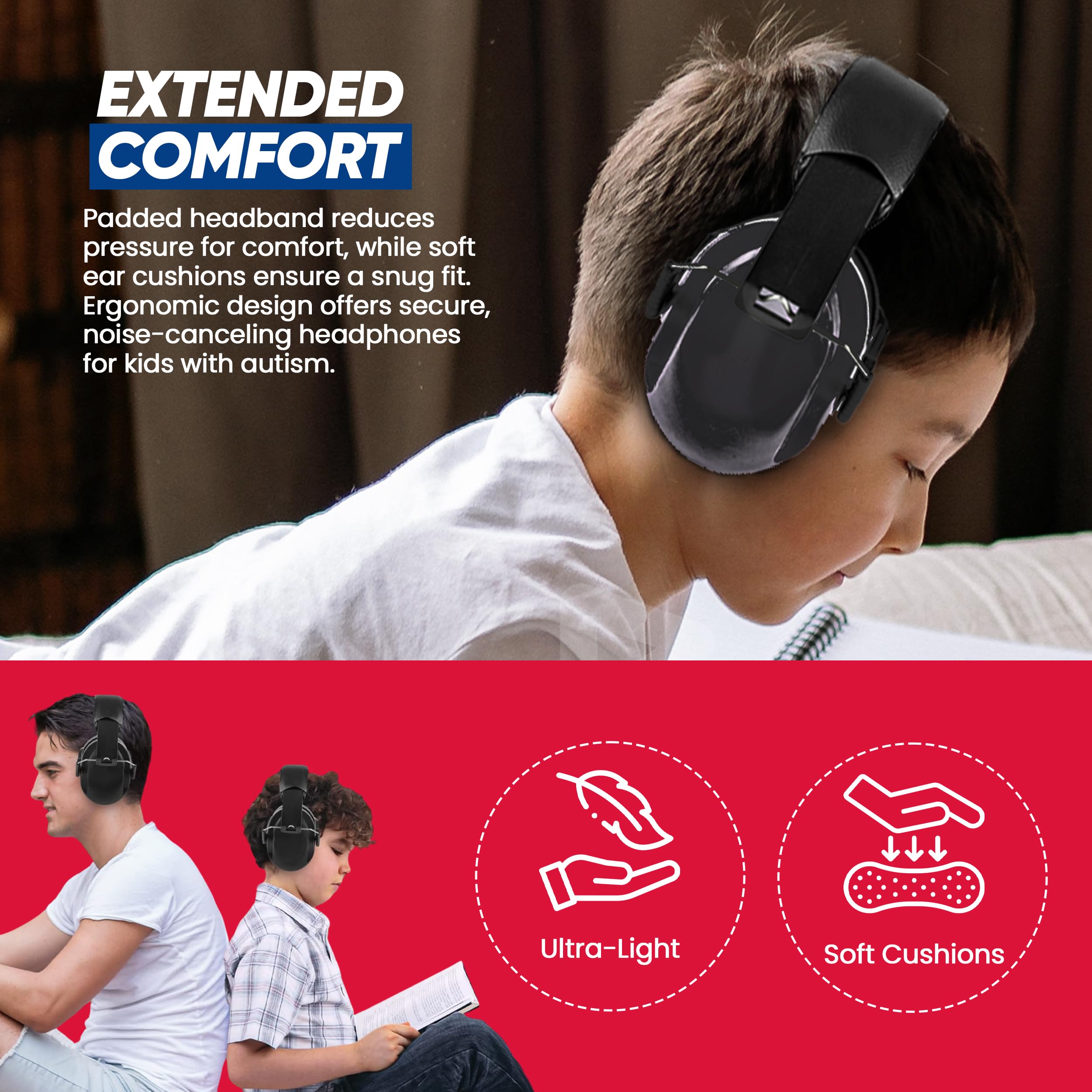 Ear Muffs for Kids Ear Protection, Noise Cancelling Headphones for Kids,Autism, with Adjustable Head Band, Ear Protection for Kids Football Game, Concerts, Air Shows, Fireworks (Black)