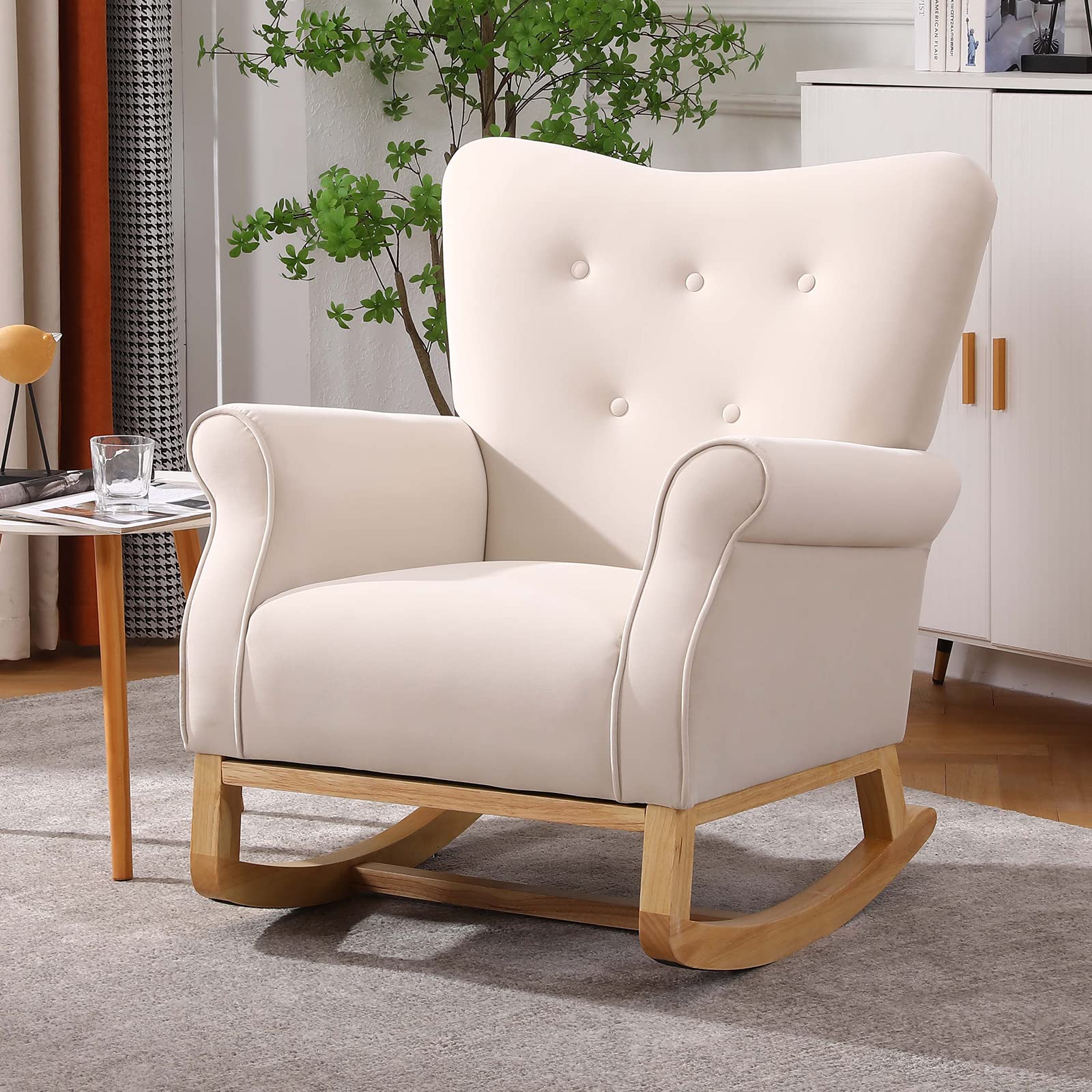 Nursery Rocking Chair, Mid Century Uplostered Glider Rocker Armchair with High Backrest, Rocking Accent Chair Single Sofa Accent Glider Rocker for Living Room Bedroom Offices (Round, Beige)