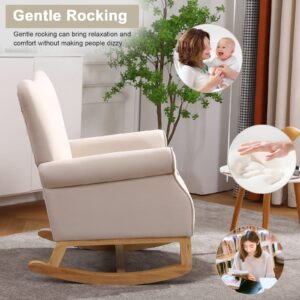 Nursery Rocking Chair, Mid Century Uplostered Glider Rocker Armchair with High Backrest, Rocking Accent Chair Single Sofa Accent Glider Rocker for Living Room Bedroom Offices (Round, Beige)