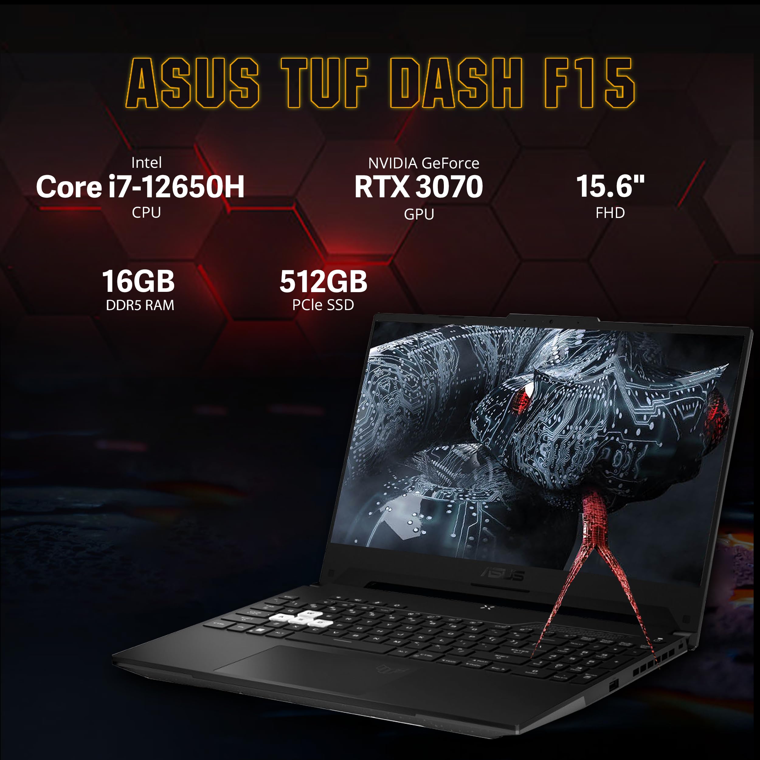 Asus 2022 TUF Dash 15.6'' FHD 144Hz Gaming Laptop, Intel 12th Core i7-12650H, NVIDIA GeForce RTX 3070 Graphics 8GB GDDR6, 16GB DDR5 RAM, 512GB PCIe SSD, Backlit Keyboard, Win 11, Black, 32GB USB Card