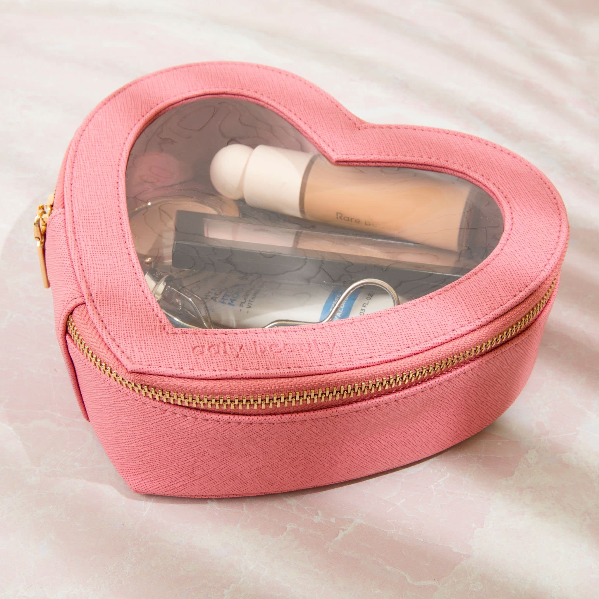 Aaly Beauty Heart Makeup Bag – Pink Heart Shaped Cosmetic Organizer with Clear Cover – Large Capacity for Full Size Makeup – Fits Daily Essential Skincare, Makeup and Brushes