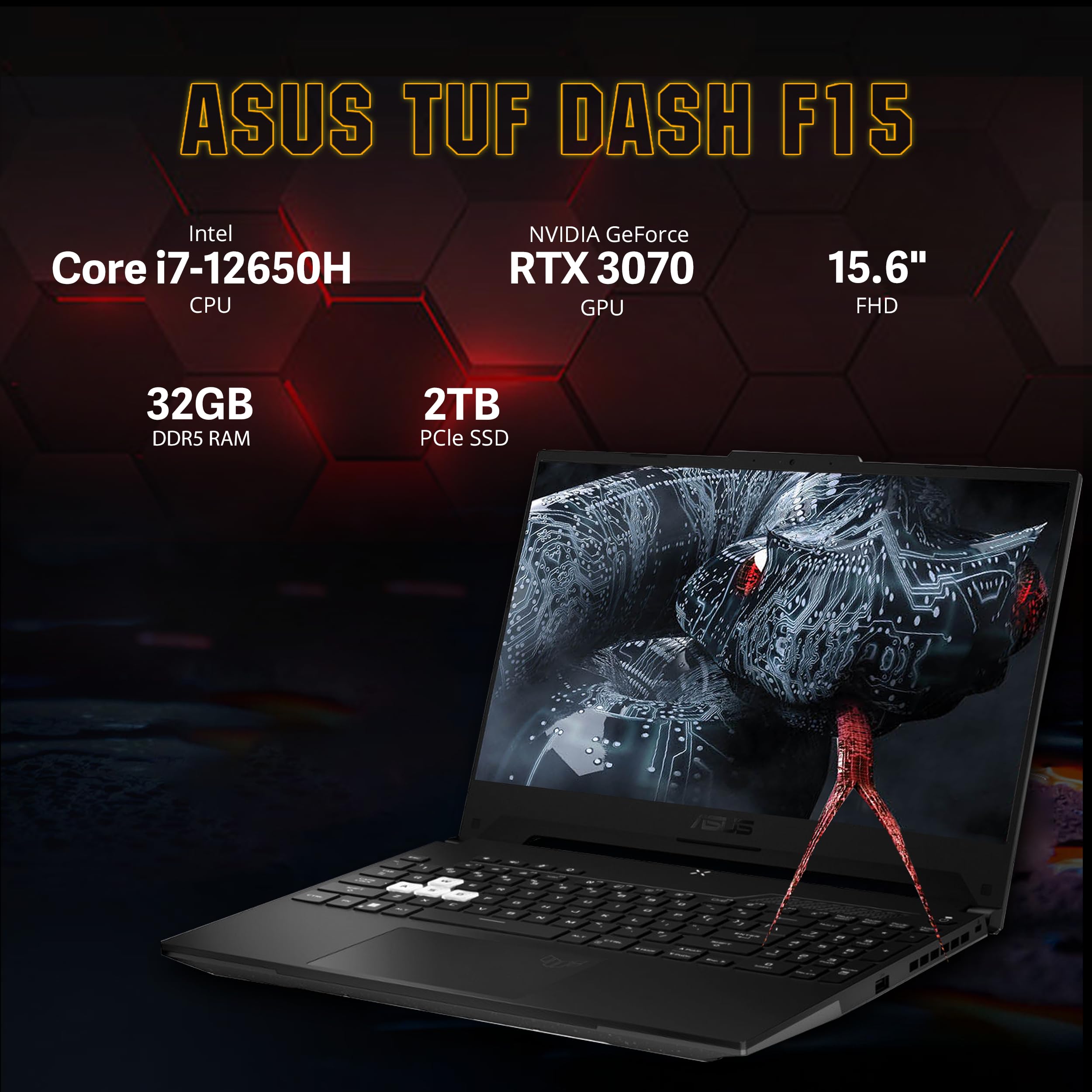 Asus 2022 TUF Dash 15.6 144Hz Gaming Laptop, Intel 12th Core i7-12650H, 32GB DDR5 RAM, 2TB PCIe SSD, NVIDIA GeForce RTX 3070 Graphics 8GB GDDR6, Backlit Keyboard, Win 11, Black, 32GB USB Card