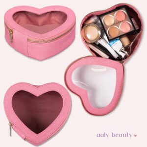 Aaly Beauty Heart Makeup Bag – Pink Heart Shaped Cosmetic Organizer with Clear Cover – Large Capacity for Full Size Makeup – Fits Daily Essential Skincare, Makeup and Brushes