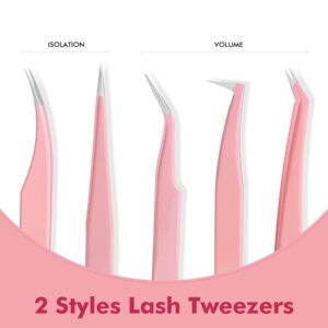 5 Pieces Eyelash Tweezers Sets, High Precision Stainless Steel Eyelash Extension Tweezers with Box, Straight and Curved Tip Tweezers, Eyelash Extension Volume Tweezers for Lash Extensions