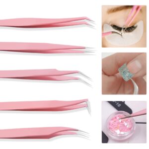 5 Pieces Eyelash Tweezers Sets, High Precision Stainless Steel Eyelash Extension Tweezers with Box, Straight and Curved Tip Tweezers, Eyelash Extension Volume Tweezers for Lash Extensions