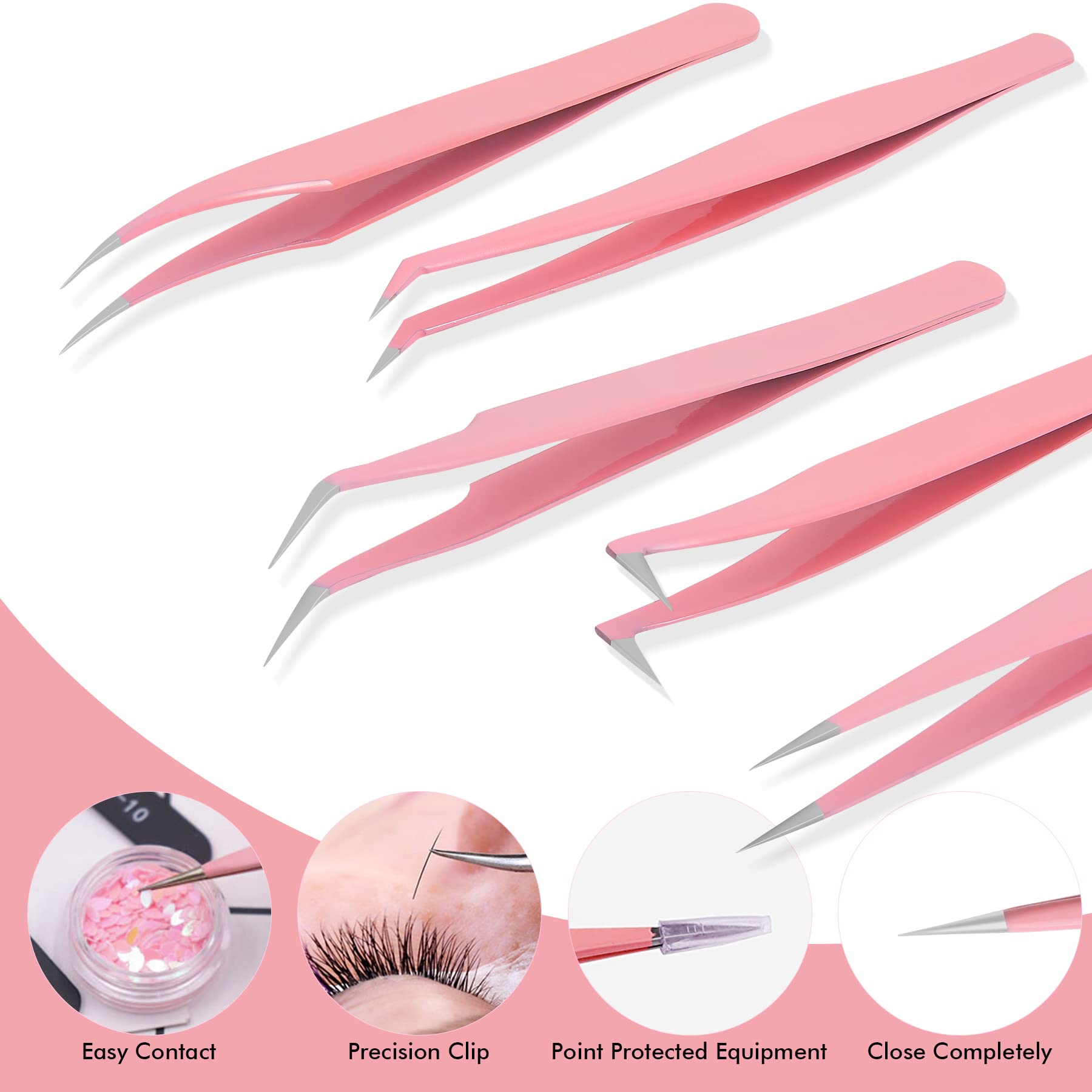 5 Pieces Eyelash Tweezers Sets, High Precision Stainless Steel Eyelash Extension Tweezers with Box, Straight and Curved Tip Tweezers, Eyelash Extension Volume Tweezers for Lash Extensions