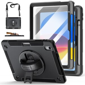 case for ipad 10th generation 2022:miesherk stock military grade shockproof rugged case for ipad 10th gen 10.9'' w/screen protector，rotate stand，handle，shoulder strap，pen holder （black）