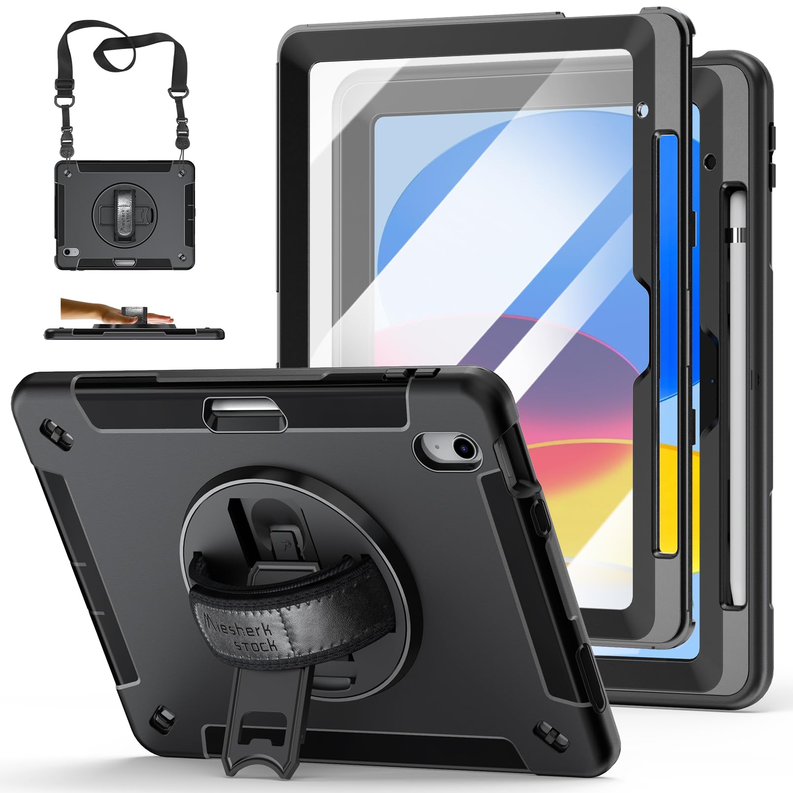 Case for iPad 10th Generation 2022:Miesherk Stock Military Grade Shockproof Rugged Case for iPad 10th Gen 10.9'' W/Screen Protector，Rotate Stand，Handle，Shoulder Strap，Pen Holder （Black）