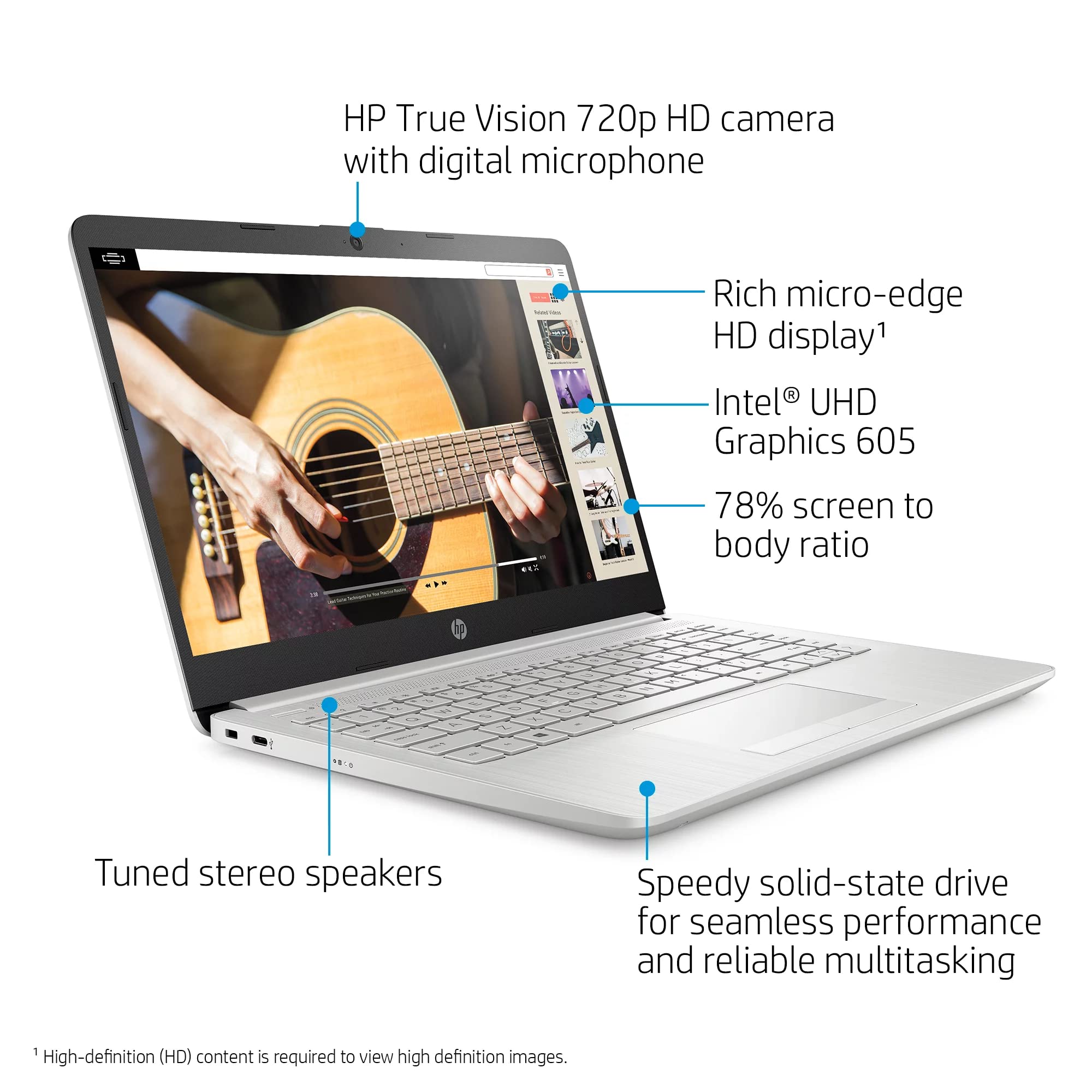 HP 2022 Newest Laptop Computer, 14" HD Display, Quad-Core Intel Pentium N5030 (Upto 3.1GHz), 16GB RAM, 512GB SSD, HD Webcam, HDMI, Bluetooth, WiFi, RJ-45, 1-Year Office 365, Win10+MarxsolCables